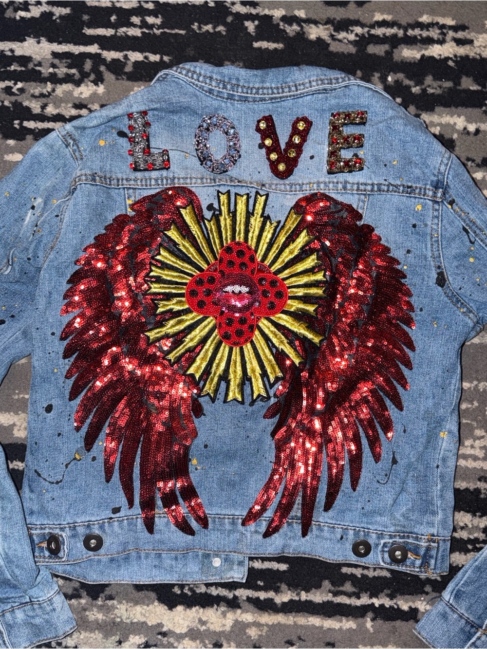 Sequin Wing Denim Jacket with LOVE Back Patch - Picture 6 of 6